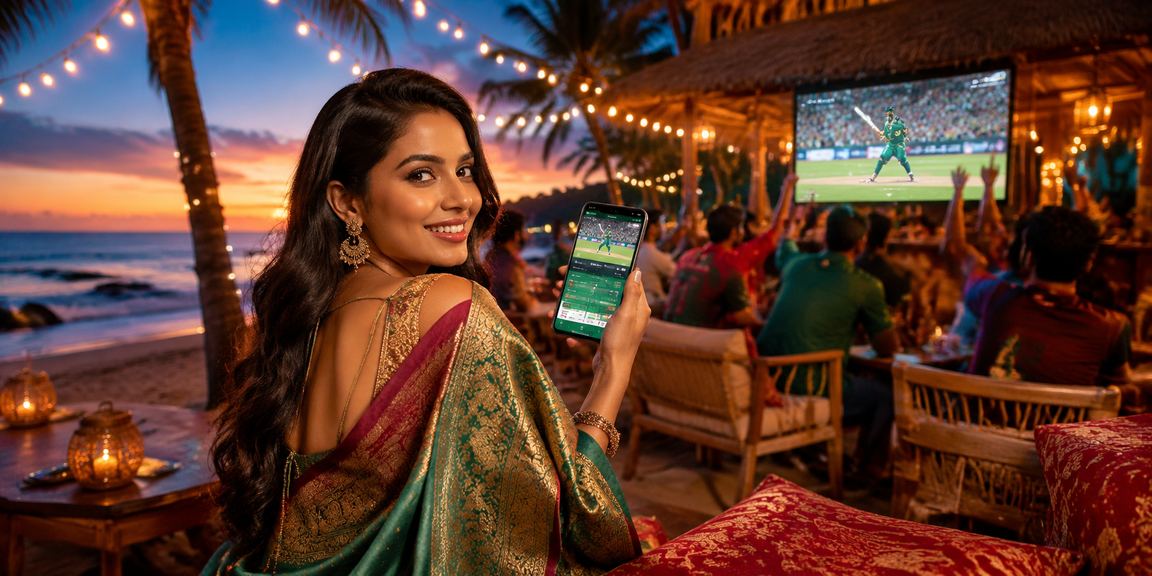 A saree-clad Bangladeshi woman in Sylhet enjoying cricket and jackpot games on her mobile